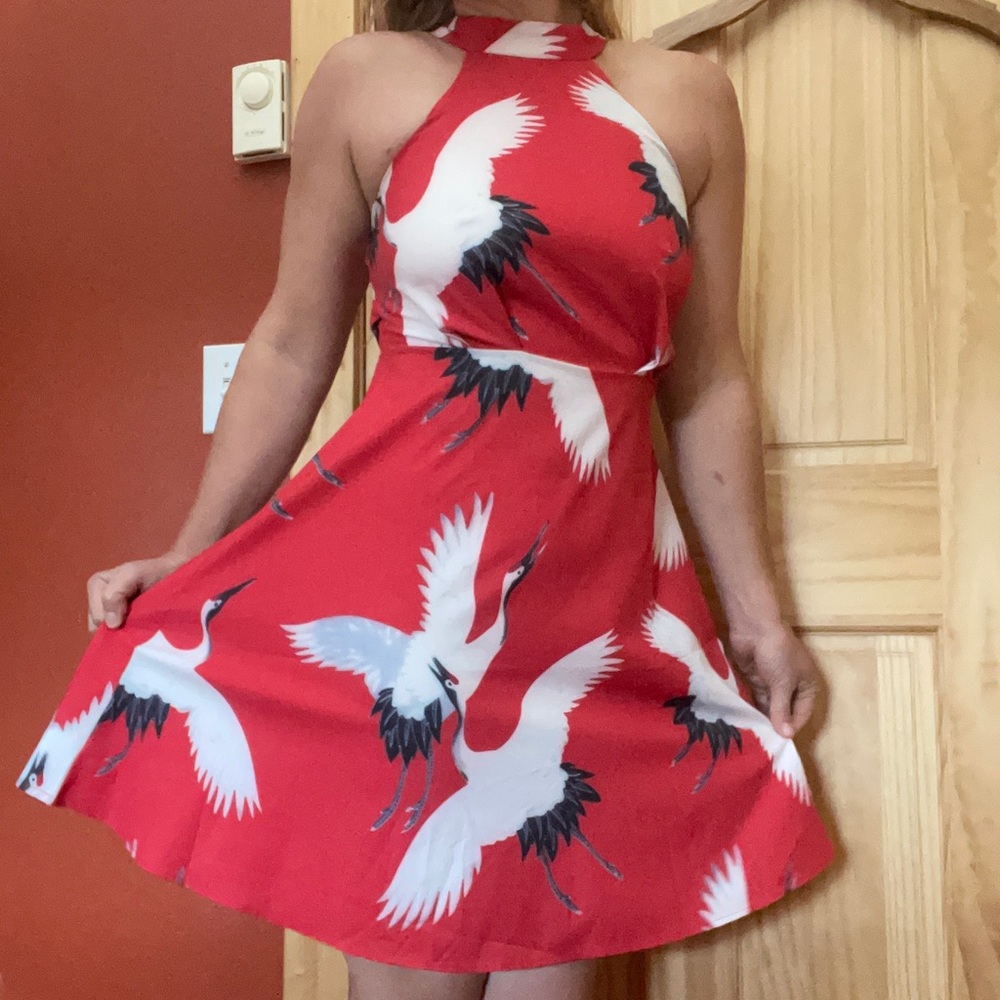 Anthropologie Red Crane Print Halter Dress
